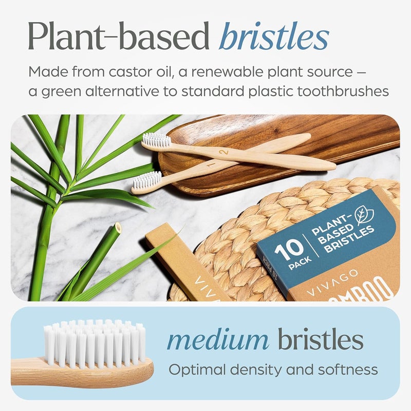 VIVAGO Bamboo Toothbrushes Medium Bristles 10 Pack - Plant-Based Medium Bristles Toothbrushes for Adults - Eco-Friendly, Natural Wooden Toothbrush - Image 2