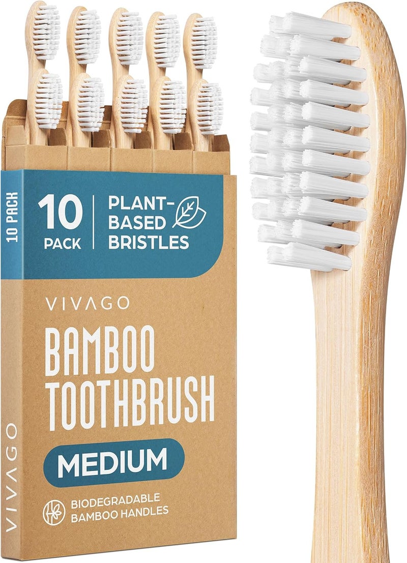 VIVAGO Bamboo Toothbrushes Medium Bristles 10 Pack - Plant-Based Medium Bristles Toothbrushes for Adults - Eco-Friendly, Natural Wooden Toothbrush - Image 1