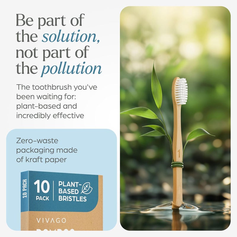 VIVAGO Bamboo Toothbrushes Medium Bristles 10 Pack - Plant-Based Medium Bristles Toothbrushes for Adults - Eco-Friendly, Natural Wooden Toothbrush - Image 3