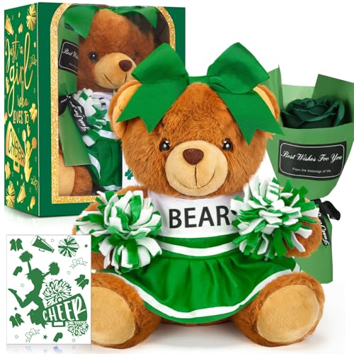 Arrowbash Cheerleading Gift Set Including Cute Cheerleader Bear, Artificial Flower, Card and Box for Cheerleading Lovers Cheer Team Christmas Party Favors Gifts(Green) - Image 1