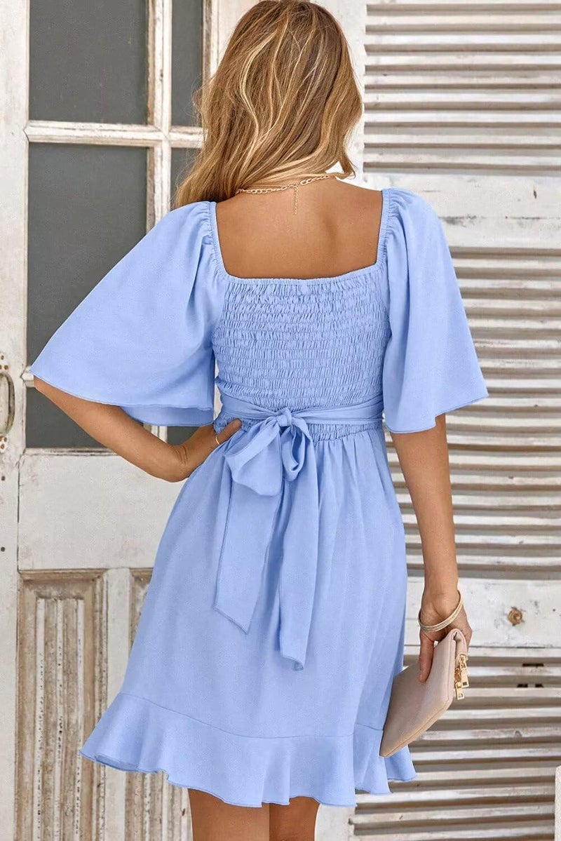 Dokotoo Dokotoo Womens Sky Blue Dresses Summer Wrap V Neck Short Sleeve Smocked Elastic Waist Tiered Belted Ruffle Hem Mini Dress S  - Image 2