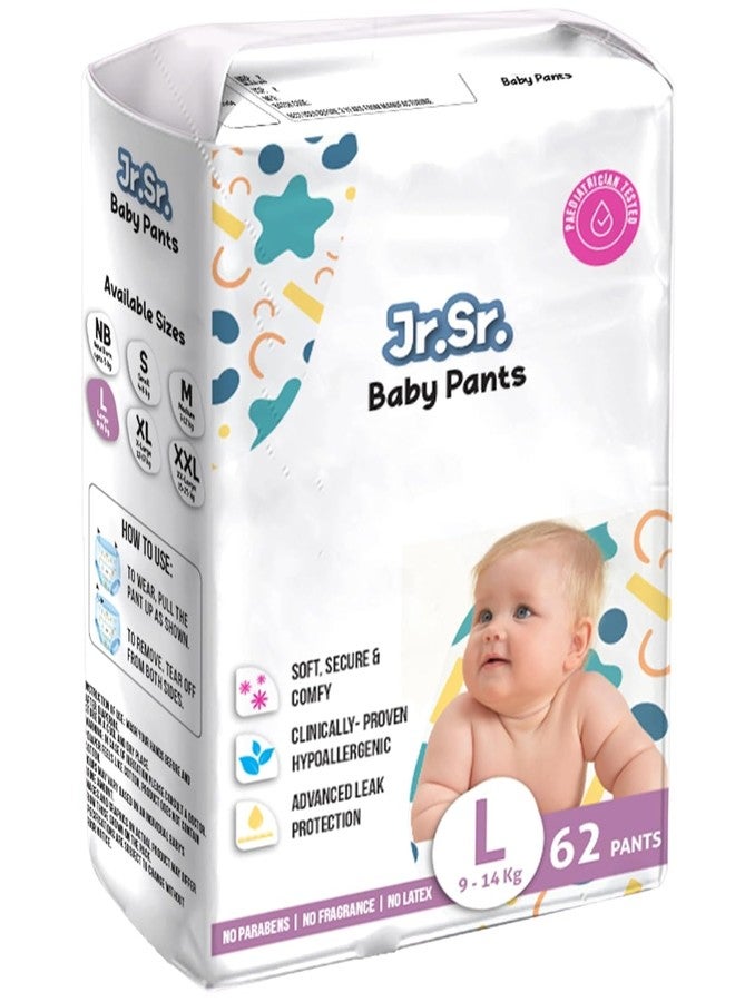 Jr. Sr. Baby Diaper Pants | Large (L) Size (9-14 kg), 62 Count | Pack of 1 | Upto 12 hr Absorption with Advanced Leak Protection | Safe For Babies Skin | Soft, Secure & Comfy - Image 1