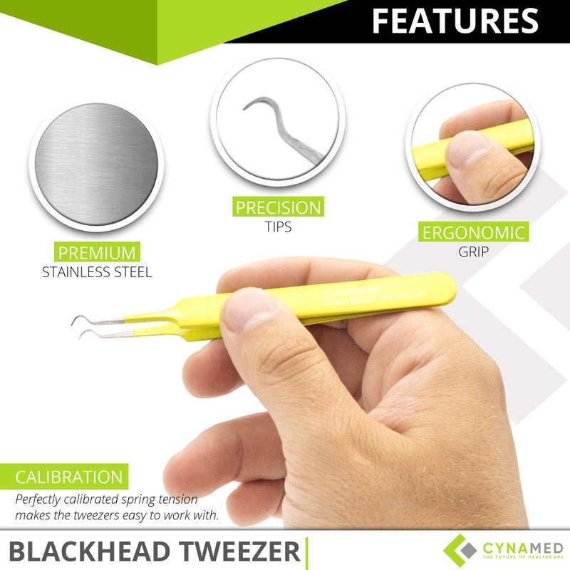 CYNAMED Blackhead Tweezer - Professional Curved Steel Tip Surgical Comedone & Splinter Extractor. Ideal Blemish & Acne Remover Tool Means Flawless Facial Skin (Yellow) - Image 2