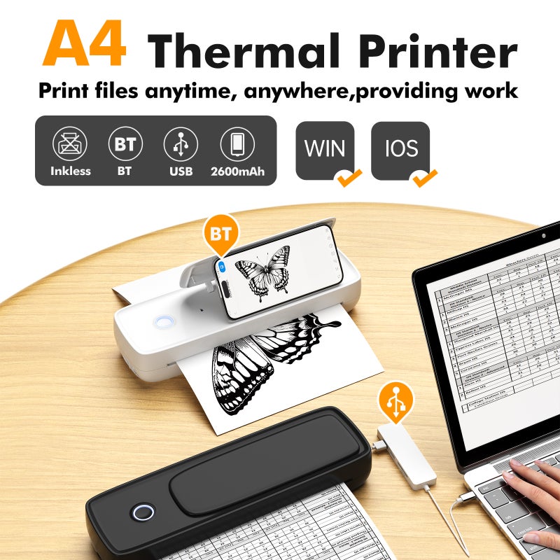A4 Portable Paper Printer Thermal Printing Wireless BT Connect Compatible with iOS and Android Mobile Photo Printer Support 210mm Wide for Outdoor Travel Home Office Printing Sketches Reports Printing with 1 A4 Thermal Paper Roll - Image 4