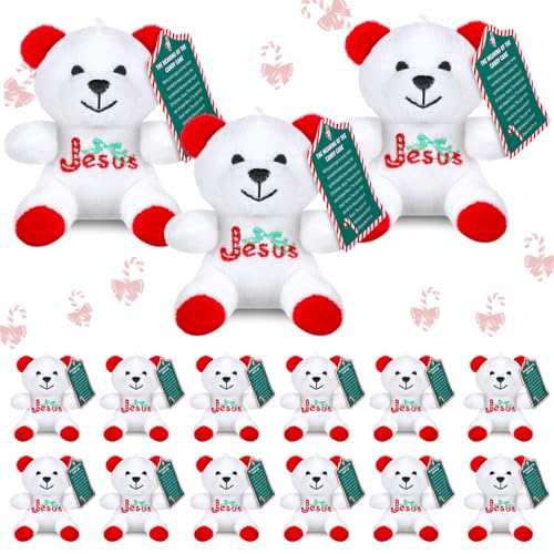 Haull 18 Pcs Christmas Jesus Plush Bears with Candy Cards Meaning of The Candy Cane Stuffed Bears 4 Mini Religious Plush Animal Toy Gift for Christmas Favors - Image 1
