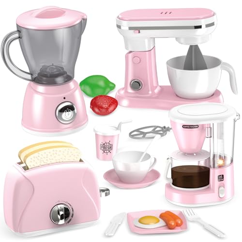 Shemira Play Kitchen Accessories Play Kitchen Appliances Toy Set with Coffee Maker Blender Mixer Toaster Kids Kitchen Playset Toys for 3 4 5 6 7 8 Year Old Girls Birthday Gifts for Girls Pink - Image 1