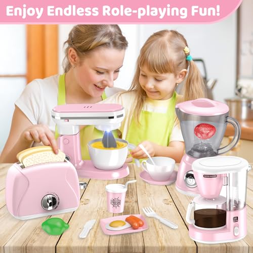 Shemira Play Kitchen Accessories Play Kitchen Appliances Toy Set with Coffee Maker Blender Mixer Toaster Kids Kitchen Playset Toys for 3 4 5 6 7 8 Year Old Girls Birthday Gifts for Girls Pink - Image 5