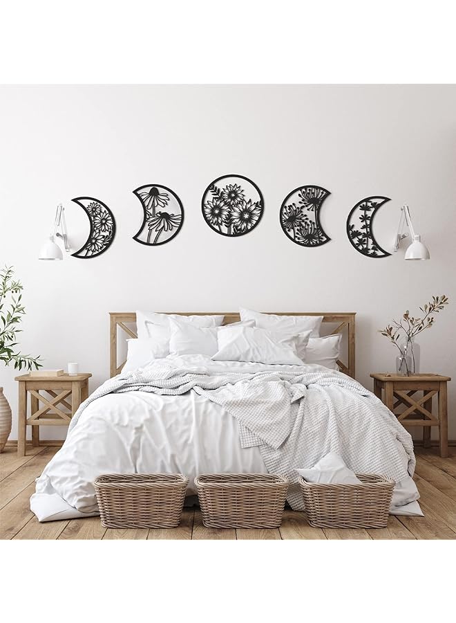 erorex 5 Pieces Moon Phase Wall Decor Hanging Moon Phase Nordic Wood Wall Art For Living Room Bedroom Home Wall Decoration Room Apartment Ornament Black - Image 1