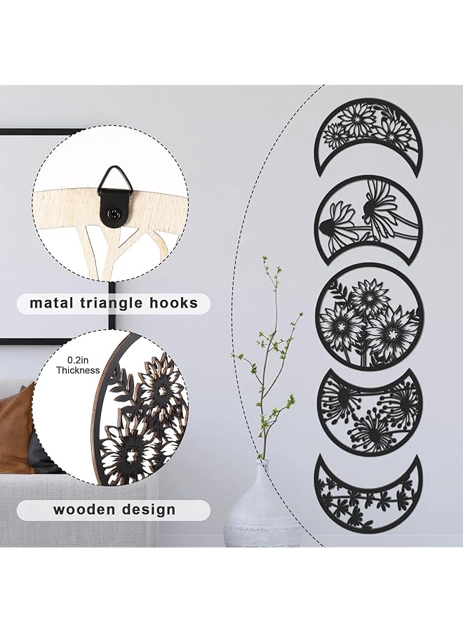 erorex 5 Pieces Moon Phase Wall Decor Hanging Moon Phase Nordic Wood Wall Art For Living Room Bedroom Home Wall Decoration Room Apartment Ornament Black - Image 2
