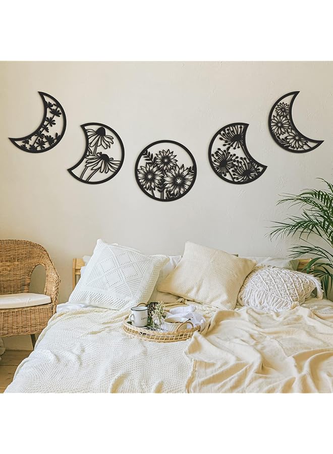 erorex 5 Pieces Moon Phase Wall Decor Hanging Moon Phase Nordic Wood Wall Art For Living Room Bedroom Home Wall Decoration Room Apartment Ornament Black - Image 3