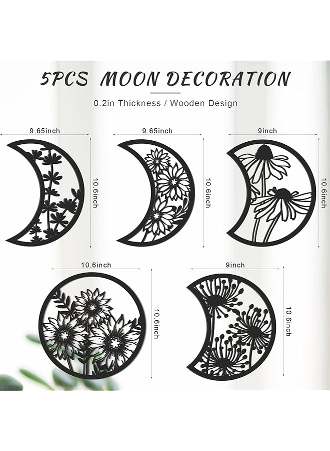 erorex 5 Pieces Moon Phase Wall Decor Hanging Moon Phase Nordic Wood Wall Art For Living Room Bedroom Home Wall Decoration Room Apartment Ornament Black - Image 4
