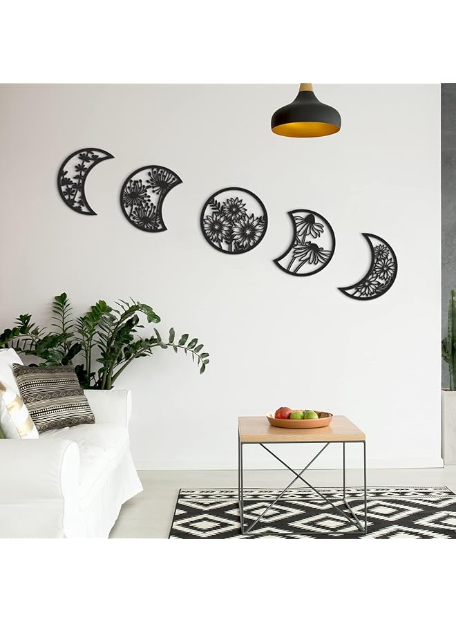 erorex 5 Pieces Moon Phase Wall Decor Hanging Moon Phase Nordic Wood Wall Art For Living Room Bedroom Home Wall Decoration Room Apartment Ornament Black - Image 5