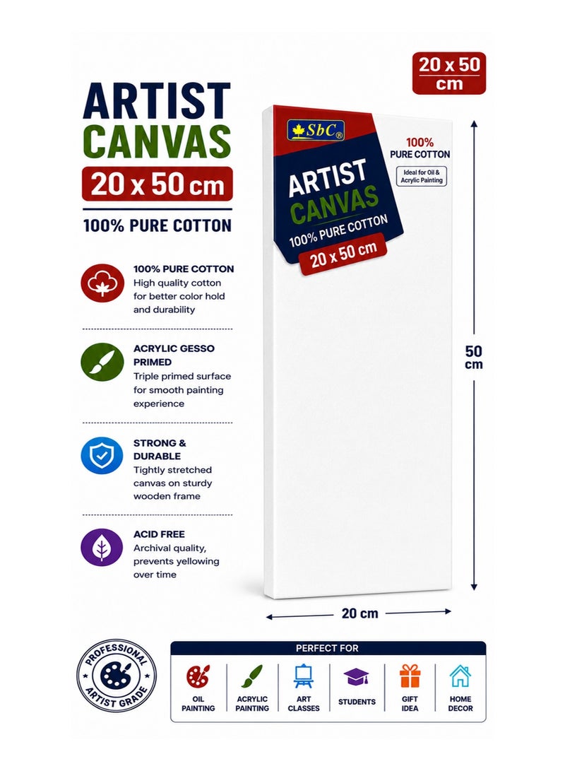 SBC 1-Piece Pure Cotton Artist Canvas Board 20x50cm Size - Image 1