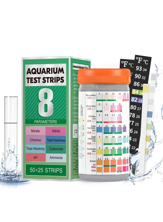 Pawfly 8 In 1 Aquarium Test Strips, 75 Strips Fish Tank Water Testing Kit For Ph Chlorine Nitrate Nitrite Carbonate Hardness Total Alkalinity & Ammonia Water Quality Freshwater Saltwater Test Kit - Image 1