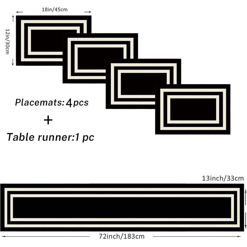 1pc Table Runner And 6pcs Placemat Set With White Border Black Pattern Design For Kitchen Dining Table Living Room Indoor Outdoor Home Use 13 X 72 Inch - Image 3