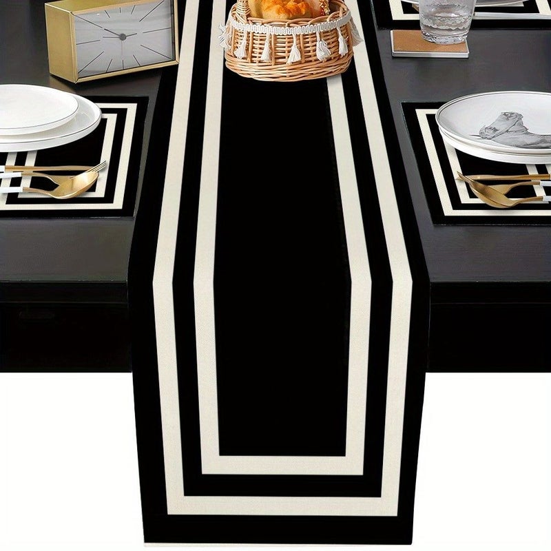 1pc Table Runner And 6pcs Placemat Set With White Border Black Pattern Design For Kitchen Dining Table Living Room Indoor Outdoor Home Use 13 X 72 Inch - Image 5