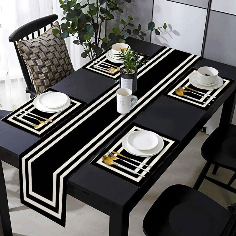 1pc Table Runner And 6pcs Placemat Set With White Border Black Pattern Design For Kitchen Dining Table Living Room Indoor Outdoor Home Use 13 X 72 Inch - Image 1