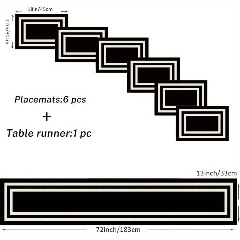 1pc Table Runner And 6pcs Placemat Set With White Border Black Pattern Design For Kitchen Dining Table Living Room Indoor Outdoor Home Use 13 X 72 Inch - Image 4