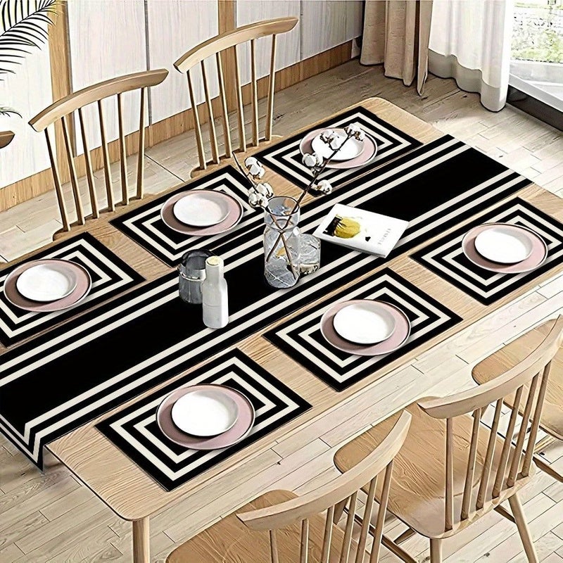 1pc Table Runner And 6pcs Placemat Set With White Border Black Pattern Design For Kitchen Dining Table Living Room Indoor Outdoor Home Use 13 X 72 Inch - Image 2