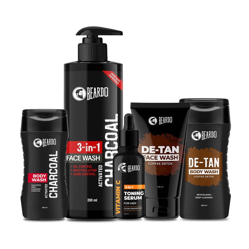BEARDO De-Tan & Detox Kit(Beardo DeTan Coffee Face Wash 50 dia 100ml+DeTan Bodywash for Men 200ml+Activated Charcoal Face Wash 200ml+Charcoal Body Wash 200ml+Vitamin C 2in1 Toning Serum 30ml) - Image 1