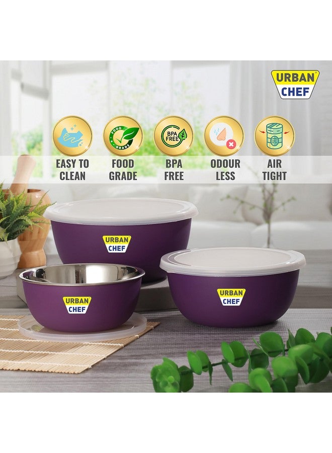 URBAN CHEF Microwave Safe Bowl Set | 1 Year Warranty | Kitchen Accessories Items for Home, Serving Bowl, Bowl Set for Gift, Microwave Bowl Set, Steel Bowl, Set of 3-500ml, 800ml,1250ml (Purple) - Image 3