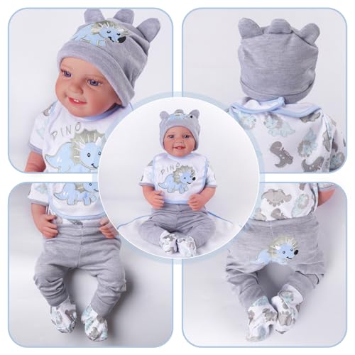BABESIDE 6 Pcs Reborn Baby Doll Clothes for 1722 Inch Babydolls Dinosaurs Pattern Lifelike Reborn Baby Doll Accessories with Hat Bib and Socks for Realistic Baby Dolls Boy Girl - Image 5