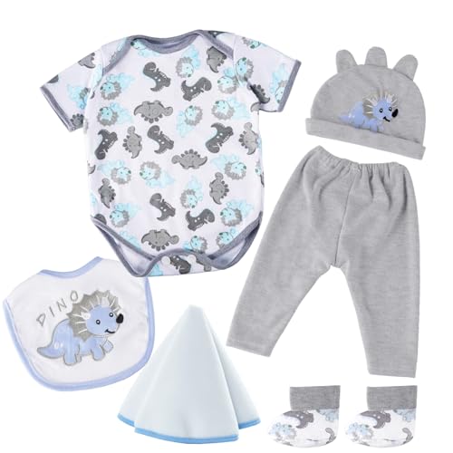 BABESIDE 6 Pcs Reborn Baby Doll Clothes for 1722 Inch Babydolls Dinosaurs Pattern Lifelike Reborn Baby Doll Accessories with Hat Bib and Socks for Realistic Baby Dolls Boy Girl - Image 1