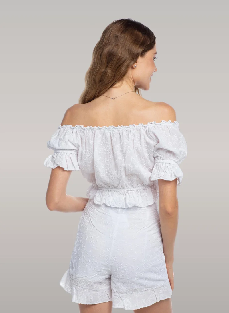 Just Nature  Embroidered Open Shoulder Lace Up Crop Top for Women | Best Price UAE