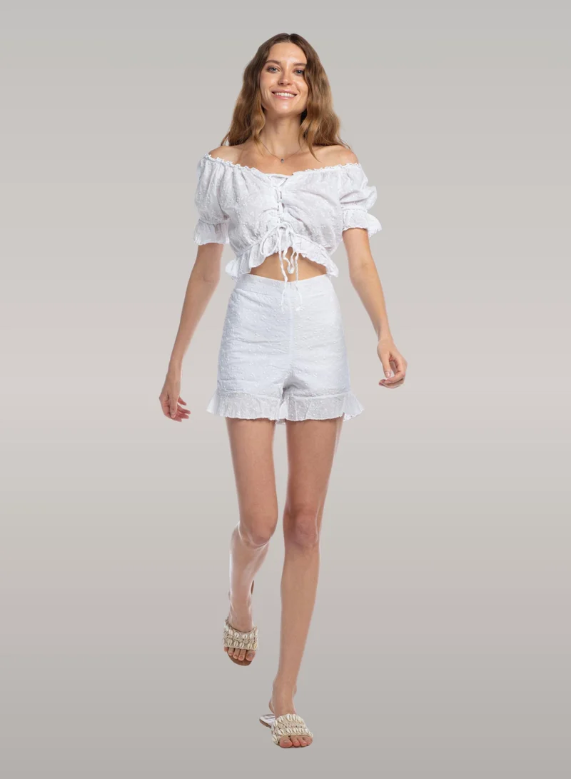 Just Nature  Embroidered Open Shoulder Lace Up Crop Top for Women | Best Price UAE