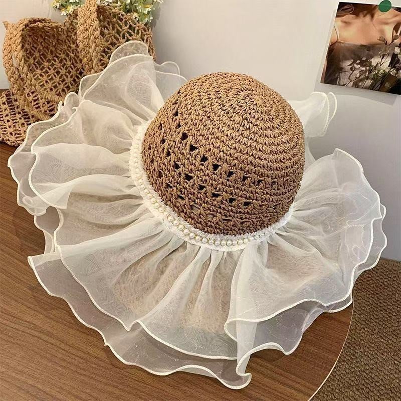 Women's French Vintage Flat Top Straw Sun Hat - Wide Brim Foldable Beach  Hat