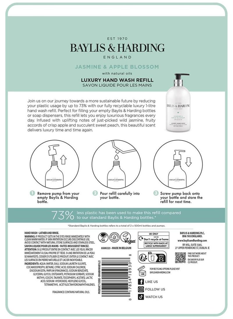 Baylis & Harding Jasmine & Apple Blossom Anti-Bacterial Hand Wash Refill Pouch, 1 Litre | Luxury Floral Hand Soap Refill with Natural Extracts | Gentle Cleansing & Fresh Fragrance - Image 5
