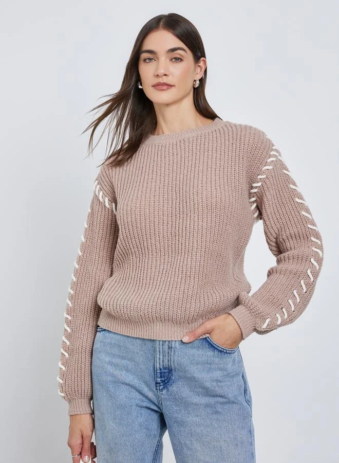 Styli Styli Beige Chunky Knit Sweater with Stitch Detail