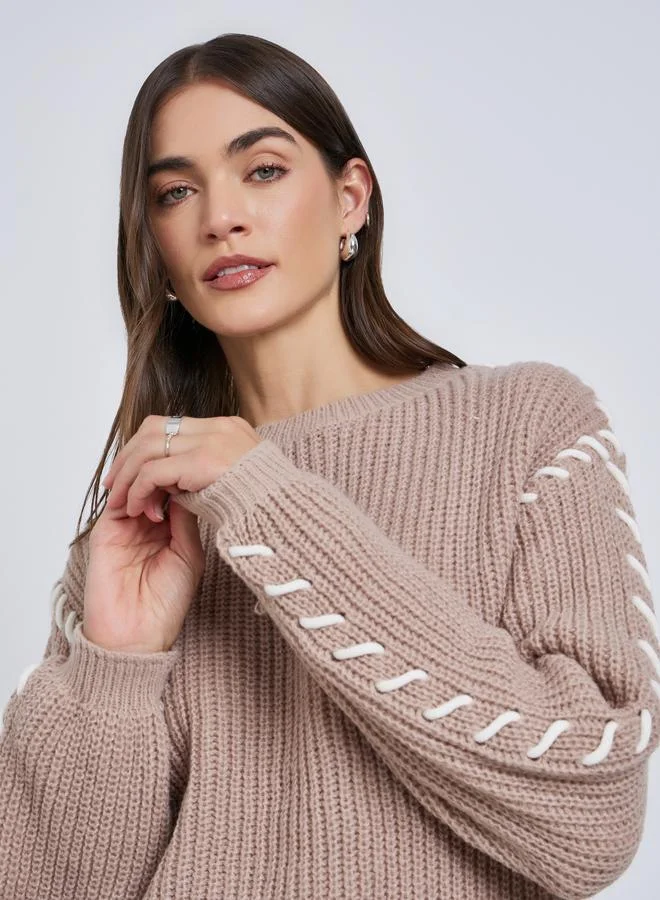 Styli Beige Chunky Knit Sweater with Stitch Detail