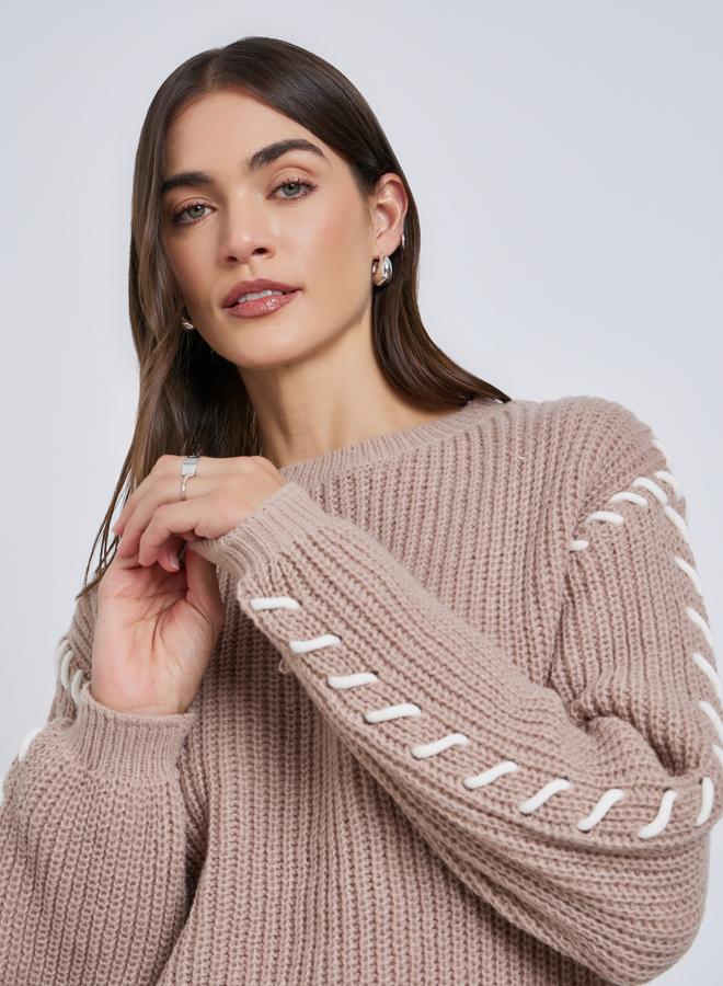 Styli Beige Chunky Knit Sweater with Stitch Detail - Image 2