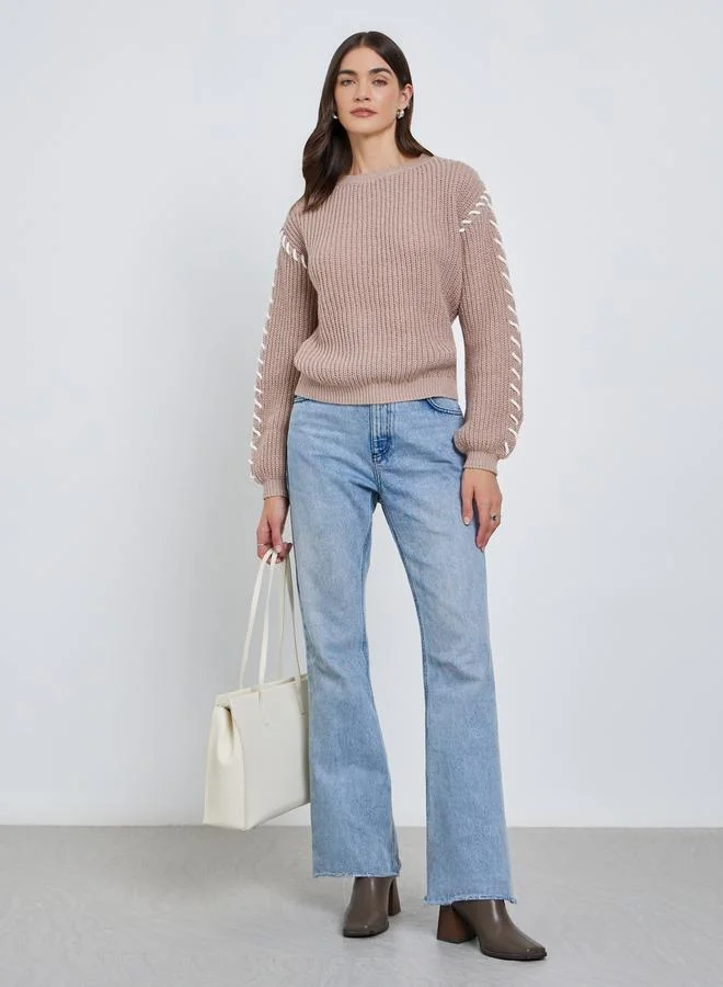 Styli Styli Beige Chunky Knit Sweater with Stitch Detail