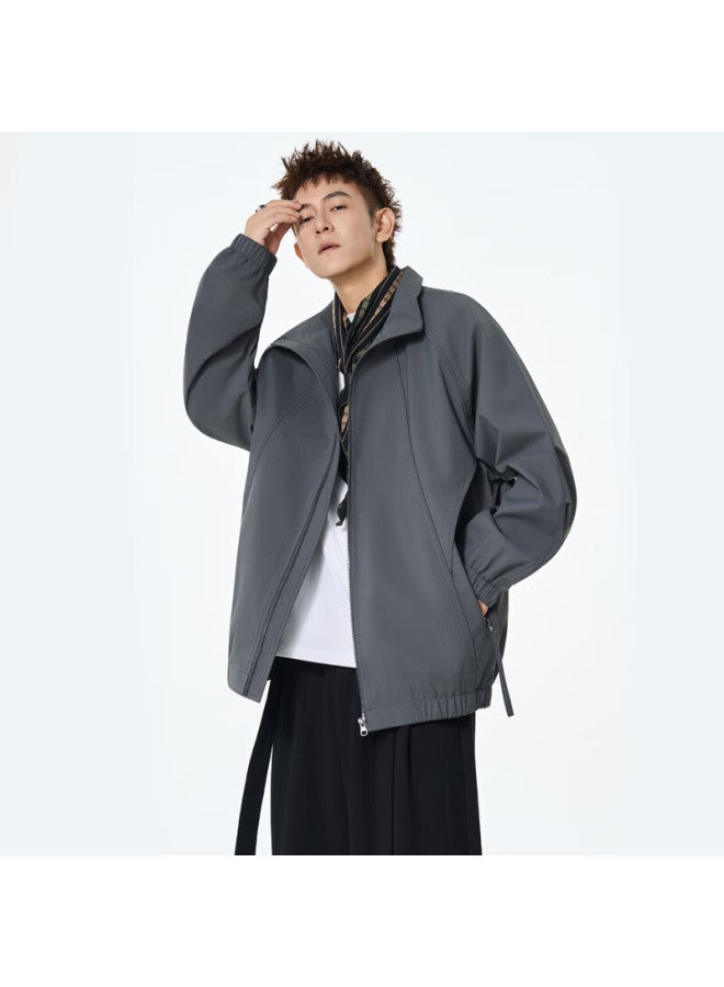 Izexx Men's Casual Jacket Spring American Style Stand Collar Loose Simple Versatile Bomber Jacket Mj91 Mist Gray 2XL - Image 4