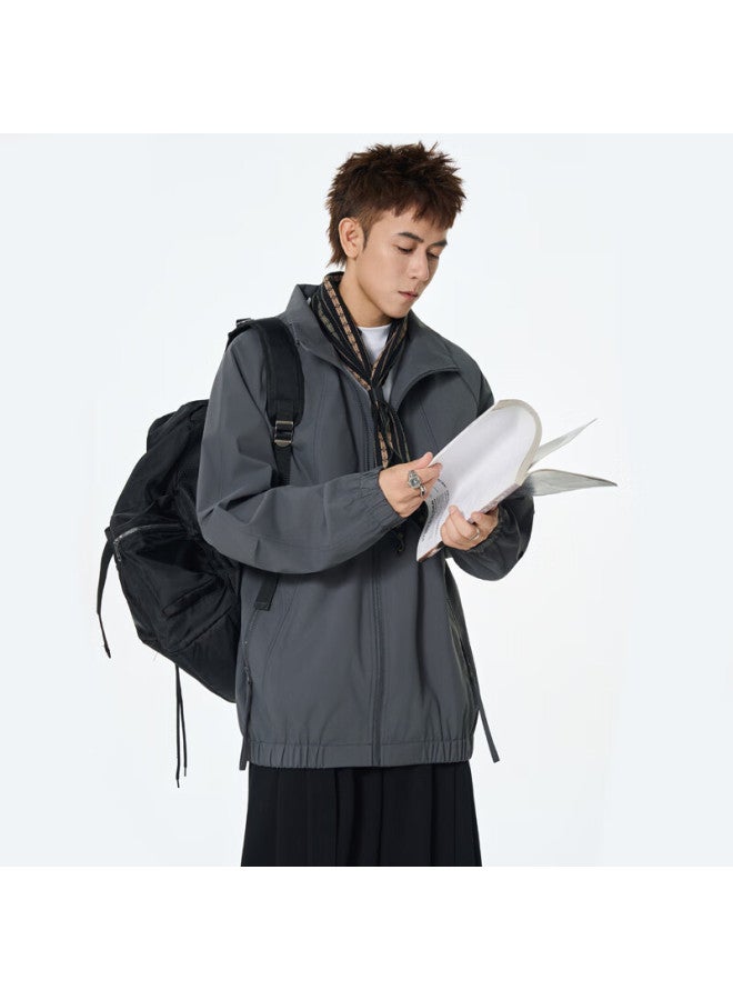 Izexx Men's Casual Jacket Spring American Style Stand Collar Loose Simple Versatile Bomber Jacket Mj91 Mist Gray 2XL - Image 2
