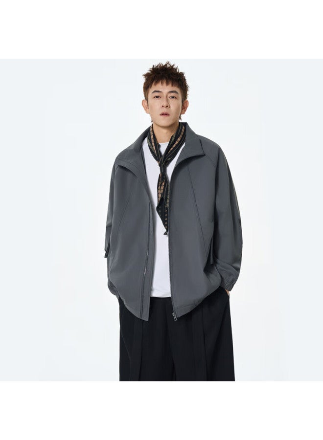 Izexx Men's Casual Jacket Spring American Style Stand Collar Loose Simple Versatile Bomber Jacket Mj91 Mist Gray 2XL - Image 5