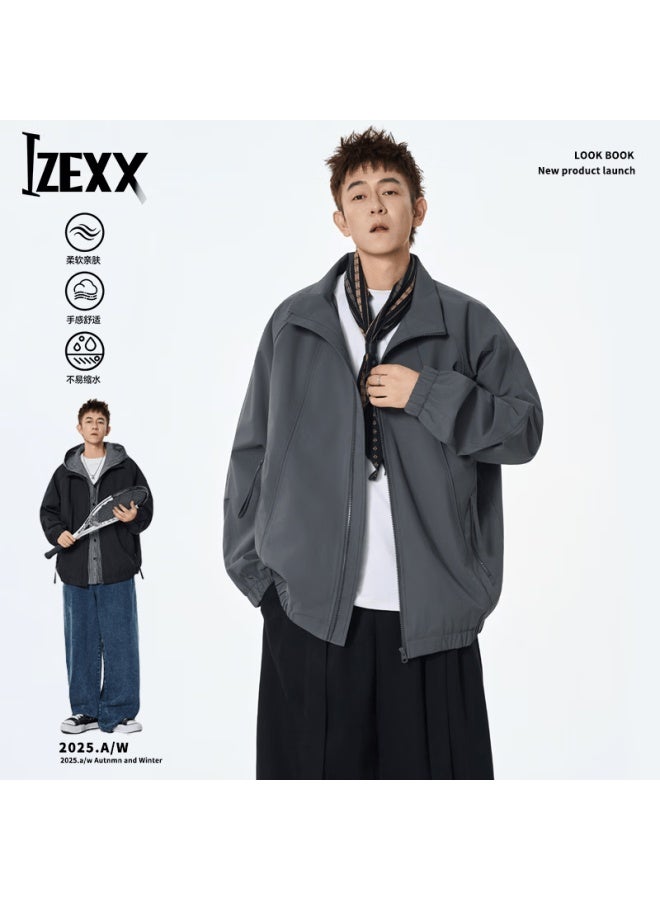 Izexx Men's Casual Jacket Spring American Style Stand Collar Loose Simple Versatile Bomber Jacket Mj91 Mist Gray 2XL - Image 1