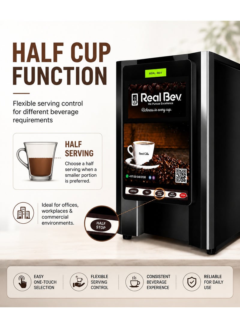 RealBev 2-Option Coffee & Tea Vending Machine, Automatic Hot Beverage Dispenser with Half-Cup Function for Offices, Pantries, Shops & Workplaces - Image 3