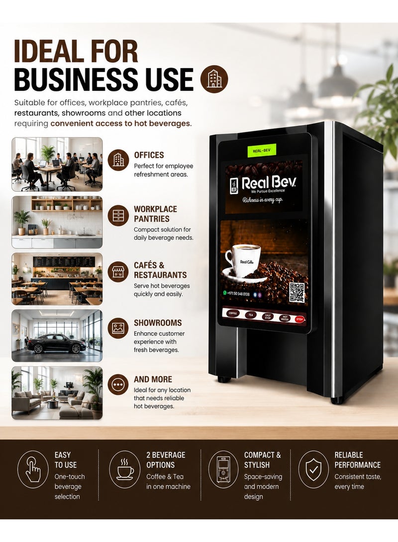 RealBev 2-Option Coffee & Tea Vending Machine, Automatic Hot Beverage Dispenser with Half-Cup Function for Offices, Pantries, Shops & Workplaces - Image 5