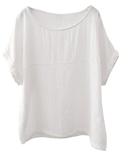 Soojun Women's Cotton Linen Round Collar Boxy Top Patchwork Blouses White, X-Large - Image 2