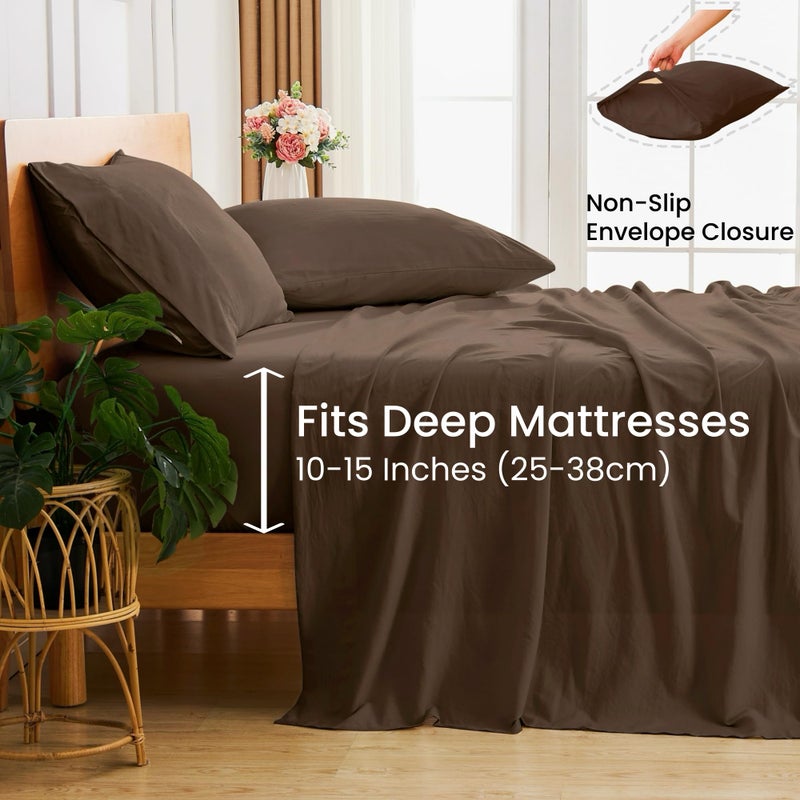 GOKOTTA 4-Pcs Queen Sheet Set, 16 Inch Deep Pocket Queen Sheets with Elastic Corner Straps, Brushed Microfiber Polyester - Hotel Luxury, Ultra Soft, Breathable, Wrinkle-Free - Chocolate Brown - Image 5