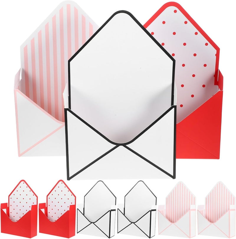 JEWEDECO 9pcs Flower Storage Boxes Envelope Shape Paper Flower Cases with Red Polka Dot, Black and White Polka Dot, and Pink Stripe Patterns for Bouquet Wrapping and Floral Arrangements - Image 1