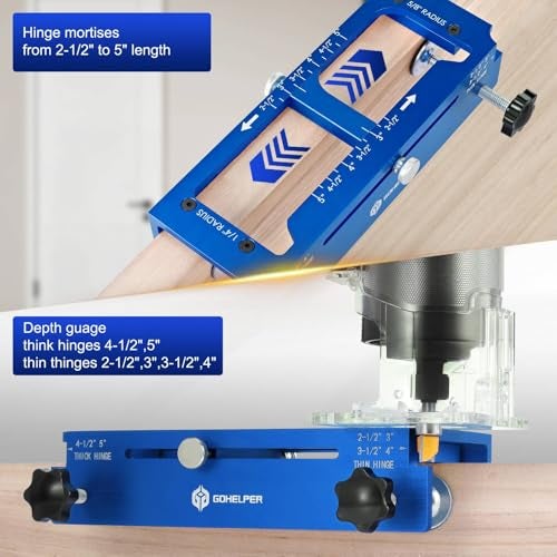 Gohelper Door Hinge Jig, Aluminum Alloy Door Hinge Template Kit for Router, Adjustable Mortise Jig Fits Door Hinges from 2.5" to 5" Length, 1/4" R, 5/8" R, Square Corner (Blue One) - Image 5