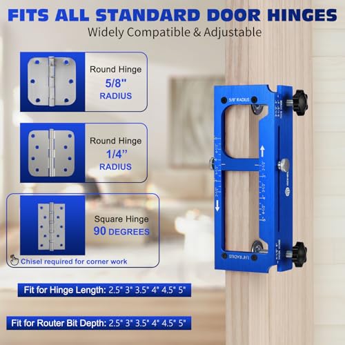 Gohelper Door Hinge Jig, Aluminum Alloy Door Hinge Template Kit for Router, Adjustable Mortise Jig Fits Door Hinges from 2.5" to 5" Length, 1/4" R, 5/8" R, Square Corner (Blue One) - Image 2