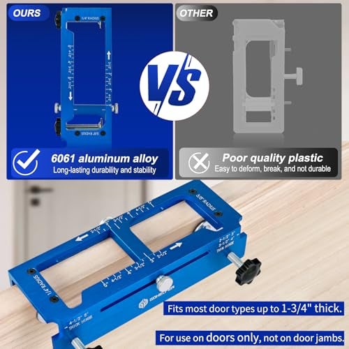 Gohelper Door Hinge Jig, Aluminum Alloy Door Hinge Template Kit for Router, Adjustable Mortise Jig Fits Door Hinges from 2.5" to 5" Length, 1/4" R, 5/8" R, Square Corner (Blue One) - Image 3