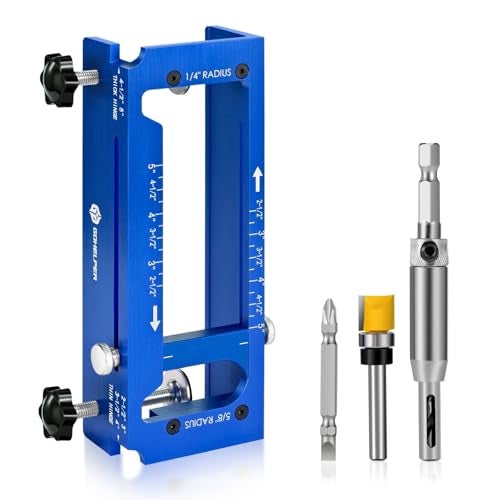 Gohelper Door Hinge Jig, Aluminum Alloy Door Hinge Template Kit for Router, Adjustable Mortise Jig Fits Door Hinges from 2.5" to 5" Length, 1/4" R, 5/8" R, Square Corner (Blue One) - Image 1