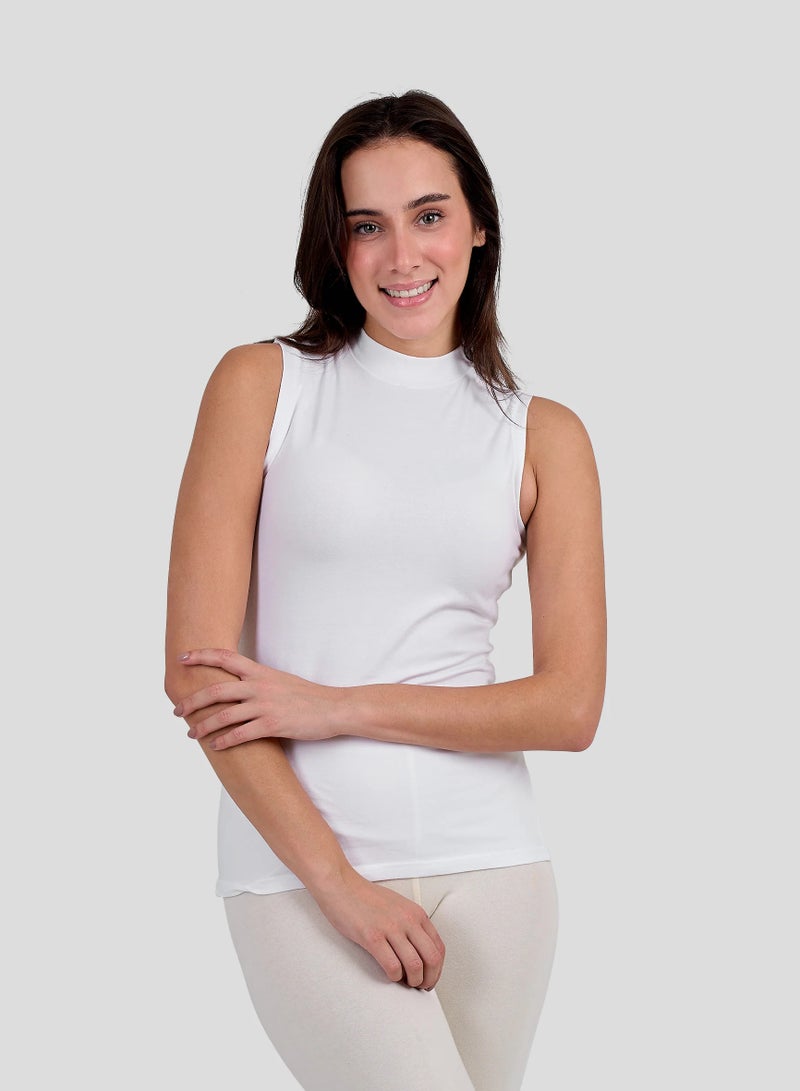 Dice Women's Sleeveless High Neck Top, Cotton Lycra, Casual Fitted Style - White - Image 1