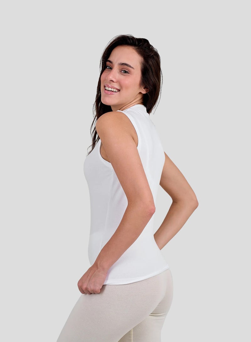 Dice Women's Sleeveless High Neck Top, Cotton Lycra, Casual Fitted Style - White - Image 2